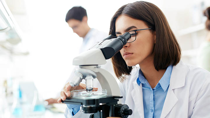 A researcher studying samples under a microscope.