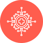 An icon of a health plus surrounded by a microchip