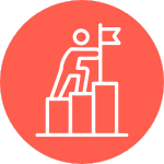 An icon showing a person climbing blocks to reach a flag, on an orange background.