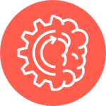 An icon of a half cog, half head, on an orange background.