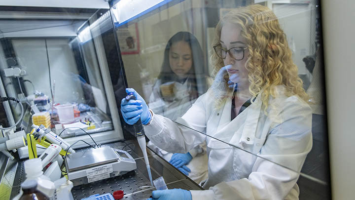 Holly, a postgraduate research student pipetting under a fume hood.