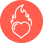 An icon of a light bulb with flame on an orange background.