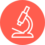 An icon of a microscope and a light bulb on a pink background.