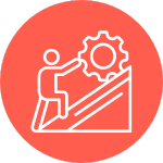An icon showing a person pushing a large cog up a slope on an orange background.