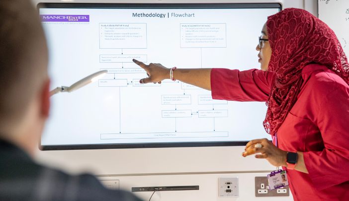 A person wearing red pointing at a presentation on a screen