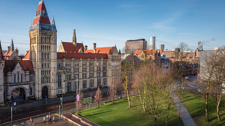 A high up view of the Whitworth Building at The University of Manchester on a sunny day.