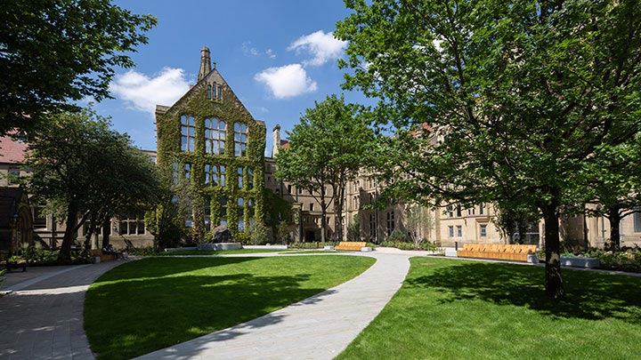 The quad at the University of Manchester, a green space in the grounds of the University.