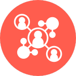 An icon showing a group of people all connecting on an orange background.