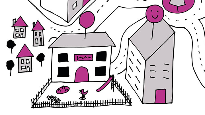 Hand-drawn cartoon of buildings in a community.
