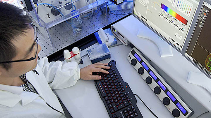 A researcher analysing data generated by a piece of lab equipment.